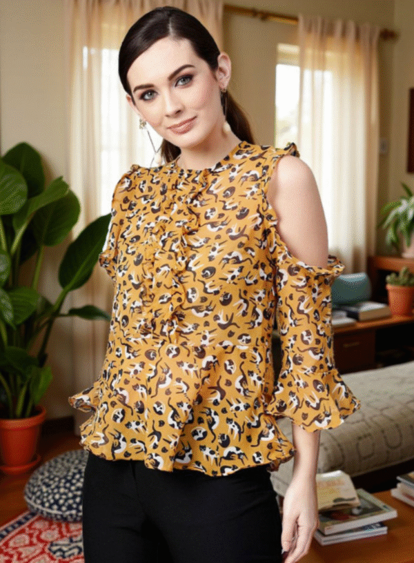 Cat Printed Round Neck Cold-Shoulder Ruffled Top