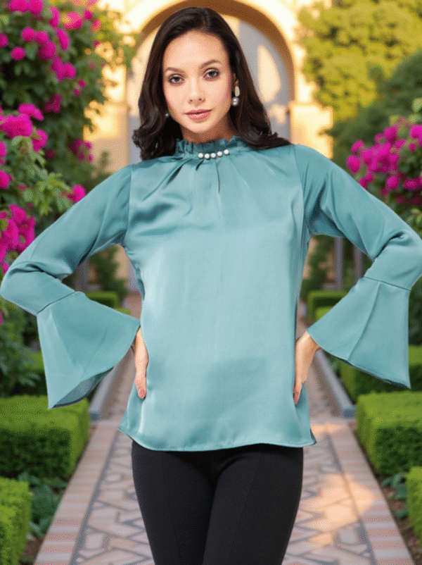 High Neck Pleated Bell Sleeve Top