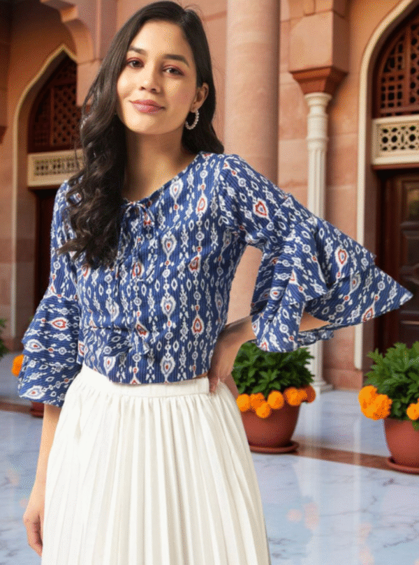 Ikat Printed Tie-Up Neck Bell Sleeves Cotton Top