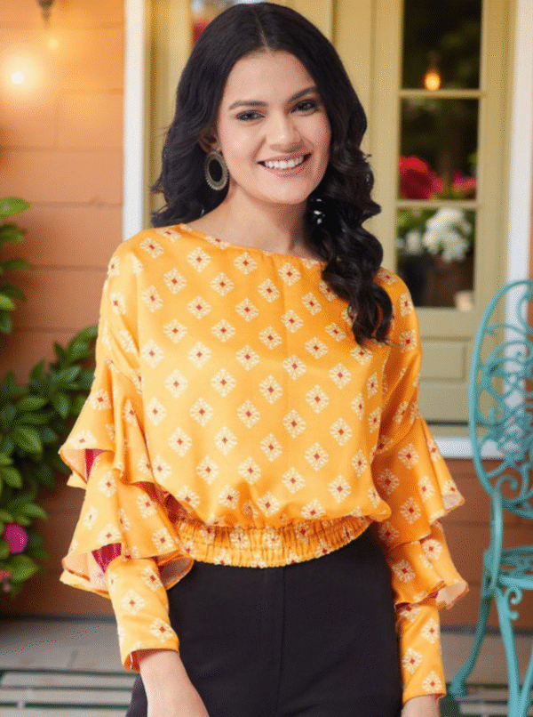 Ethnic Motifs Print Bell Sleeve Blouson Top