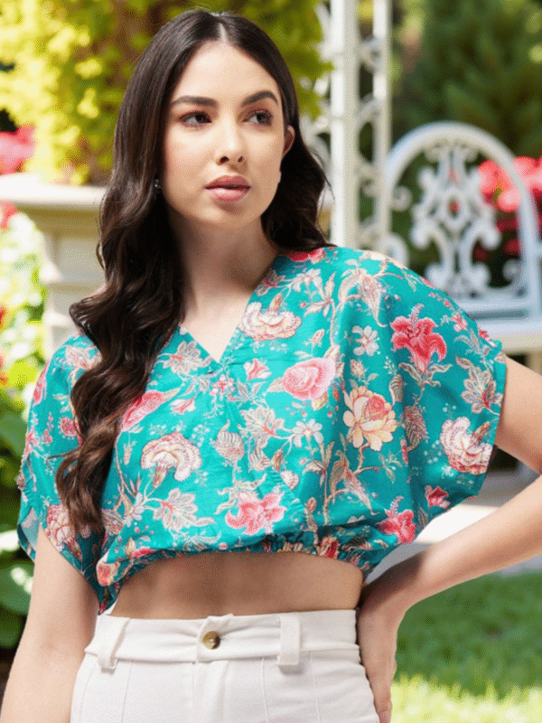 Floral Print Kimono Sleeve Blouson Overlap Crop Top